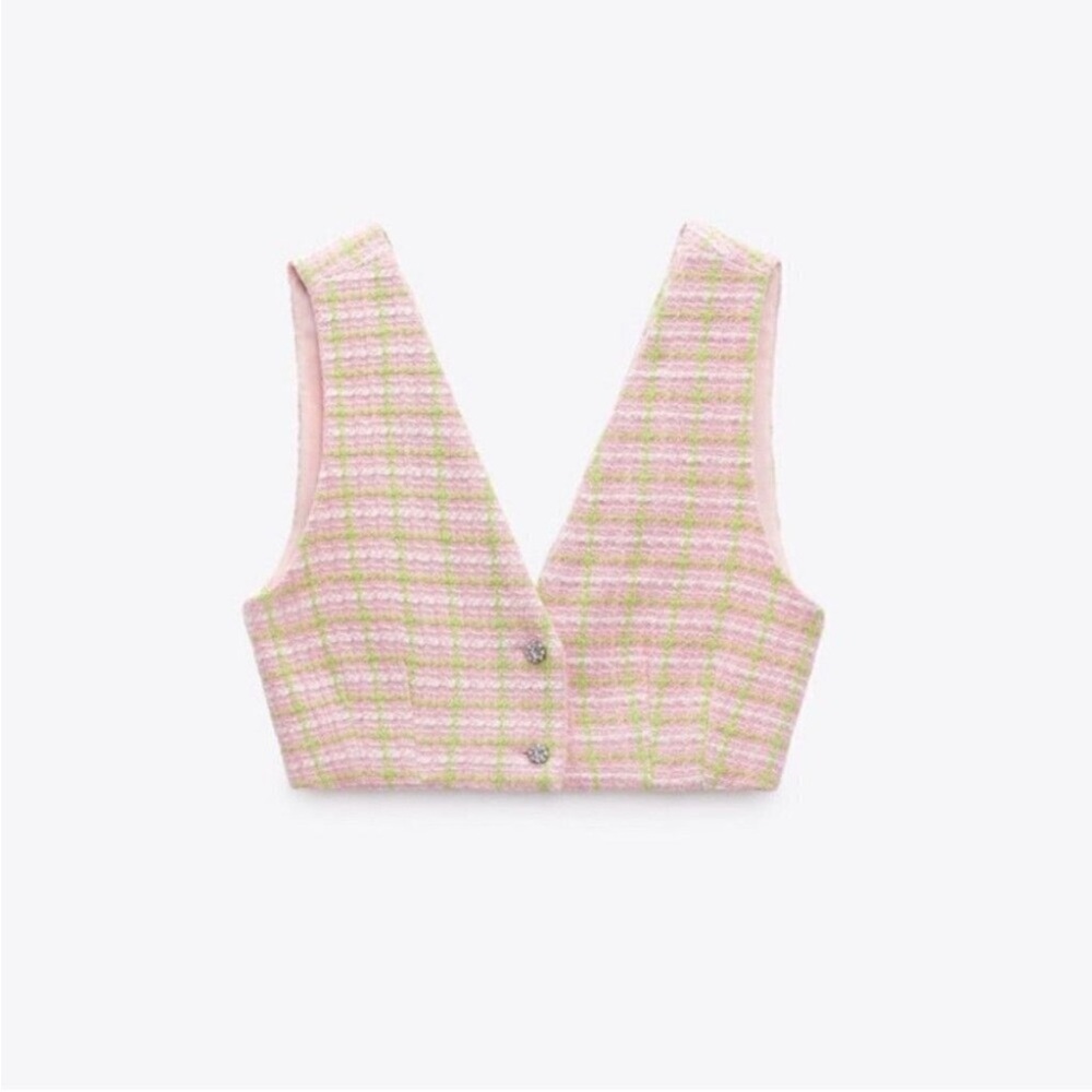 NWOT Zara Tweed Crop Vest in Pink Green Jewel Buttons Size Medium